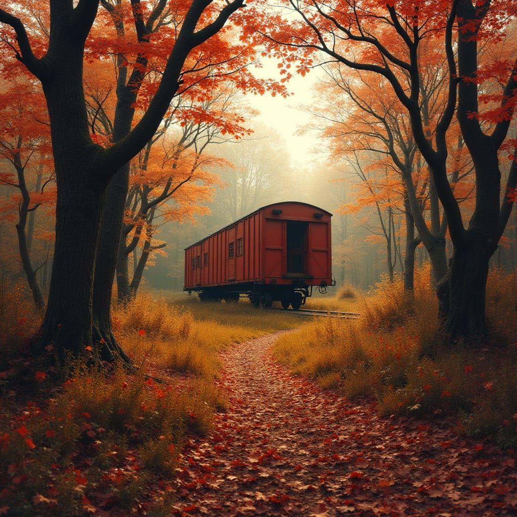 Autumn Forest Sanctuary with a Timeless Train Wagon