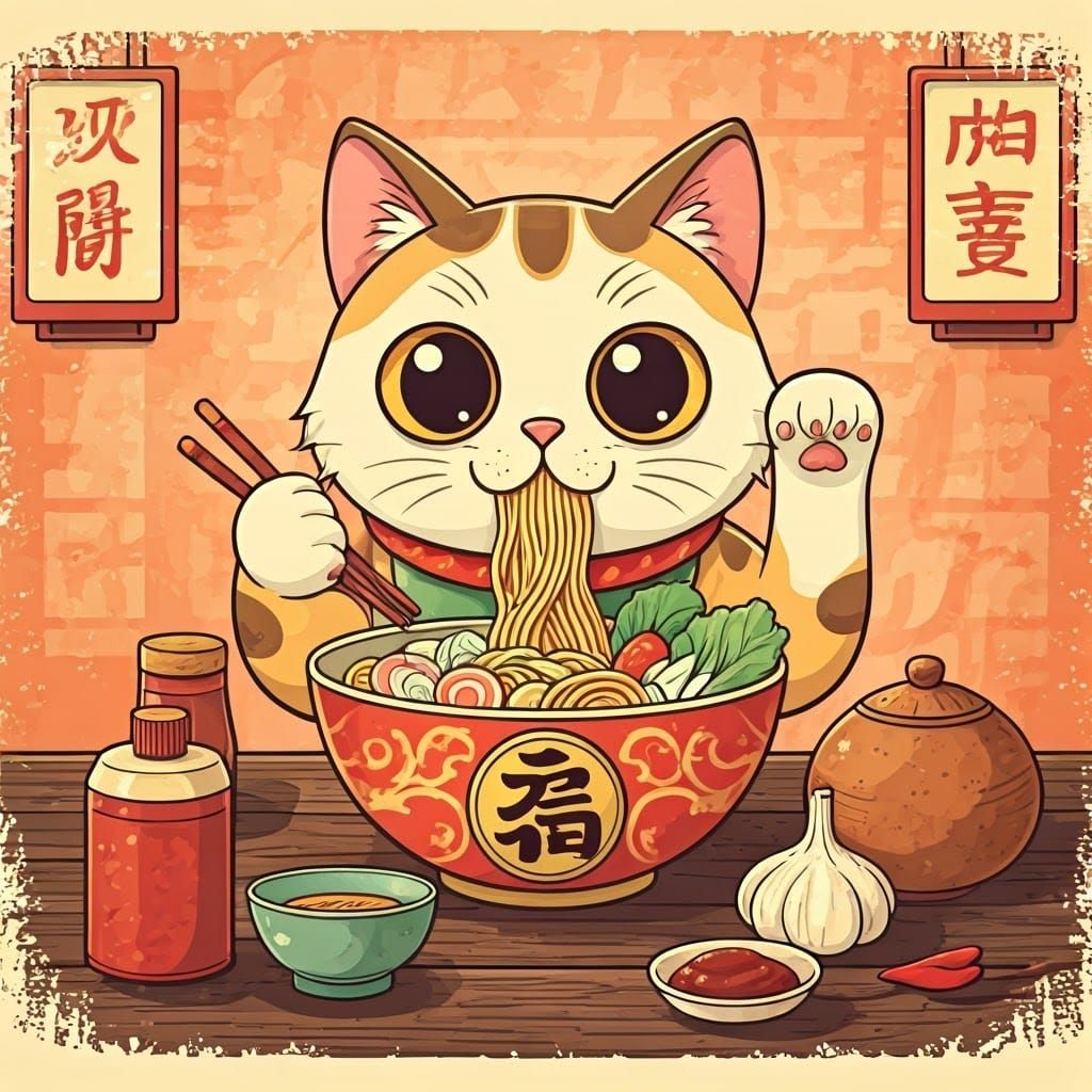 Vintage Watercolor Maneki-Neko Cat Eats Noodles