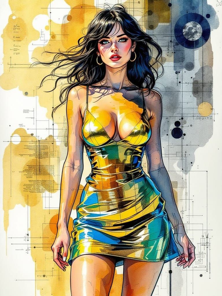 2030s Pin-Up Woman in Gold Dress, Blueprint Style