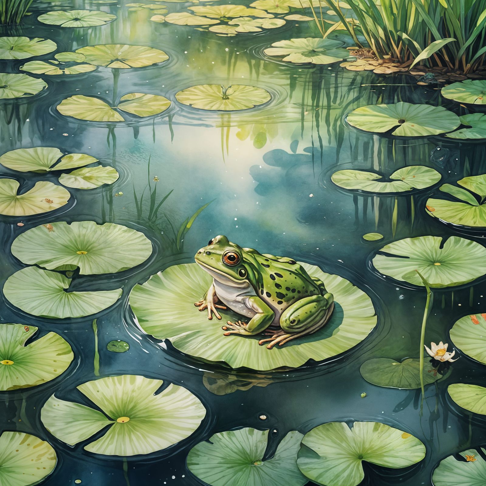 Anime Style Frog in Pond Illustration