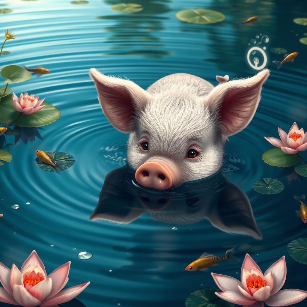 Whimsical Pig Contemplates its Reflection in a Dreamlike Wat...