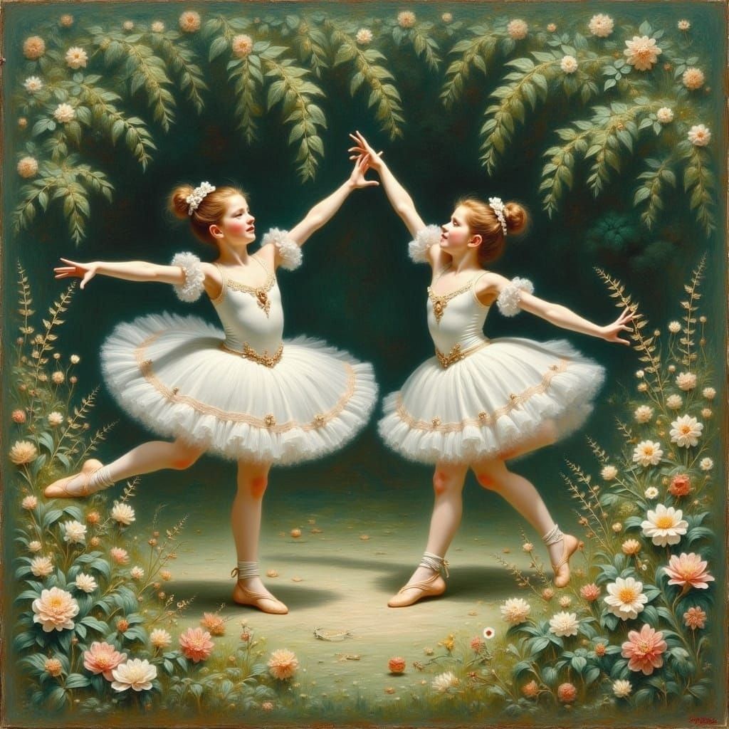 <lora:Flux Romantic Paint:1.0> children dancing swan lake