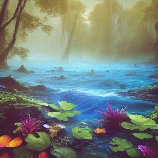 Jungle Waterfall Oil Painting in Tropical Art Style