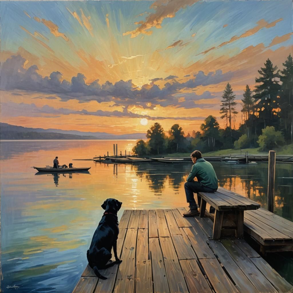 Man and Dog at Lake in Impressionist Style