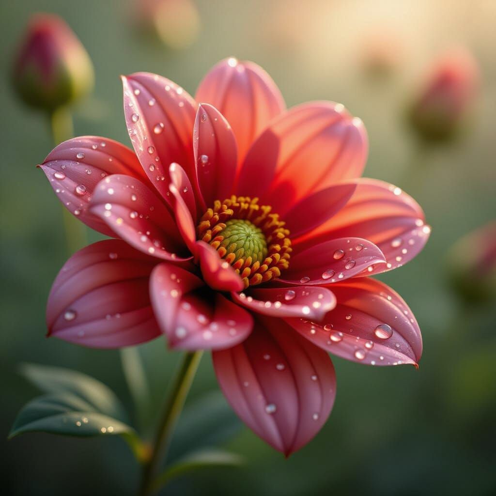 Exquisite Crimson and Gold Flower with Dewdrops
