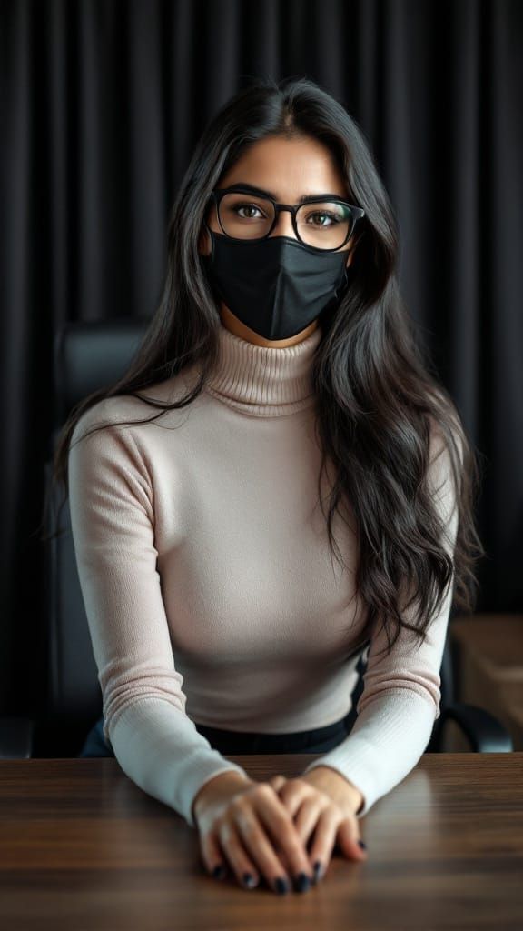 Indian Woman with Glasses and Mask in Modern Office