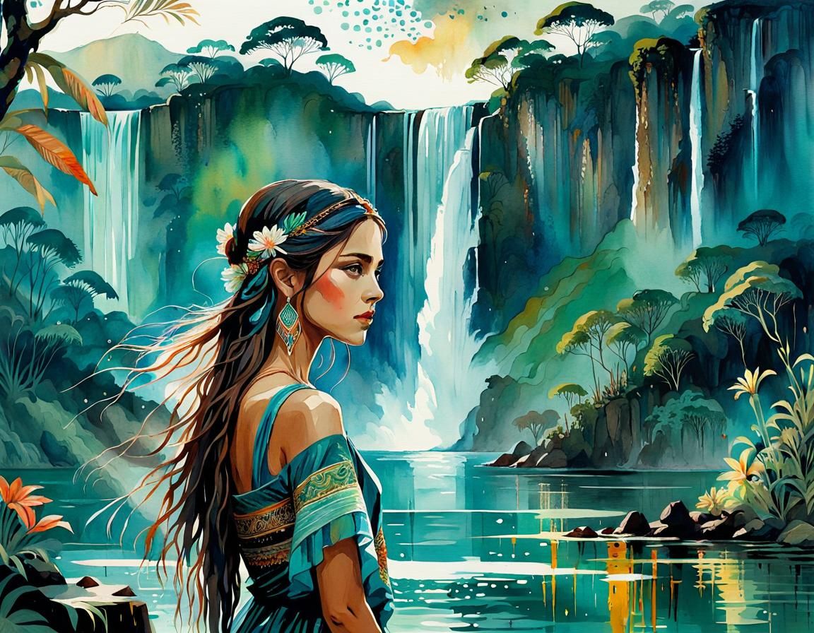 Brazilian Woman Near Waterfall in Watercolor Art Style