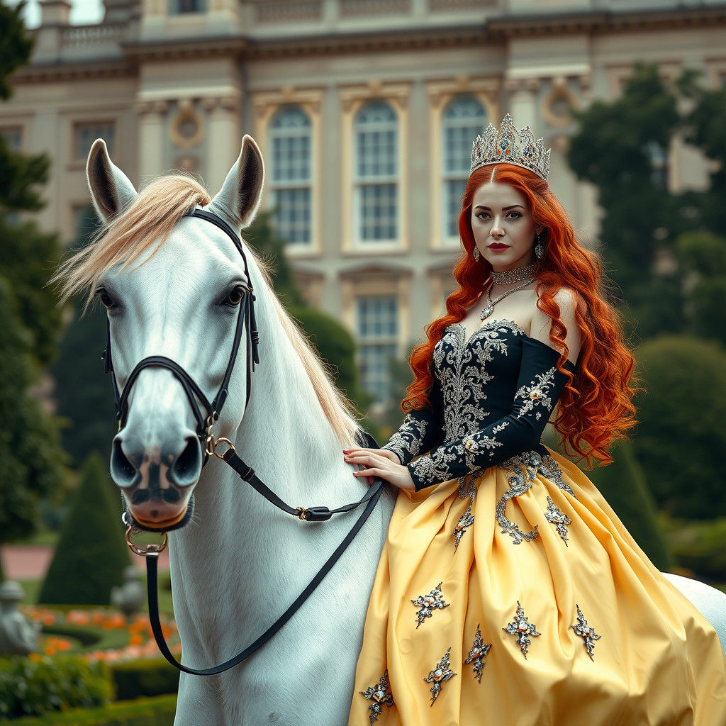 Renaissance Princess on White Horse in Palace Gardens