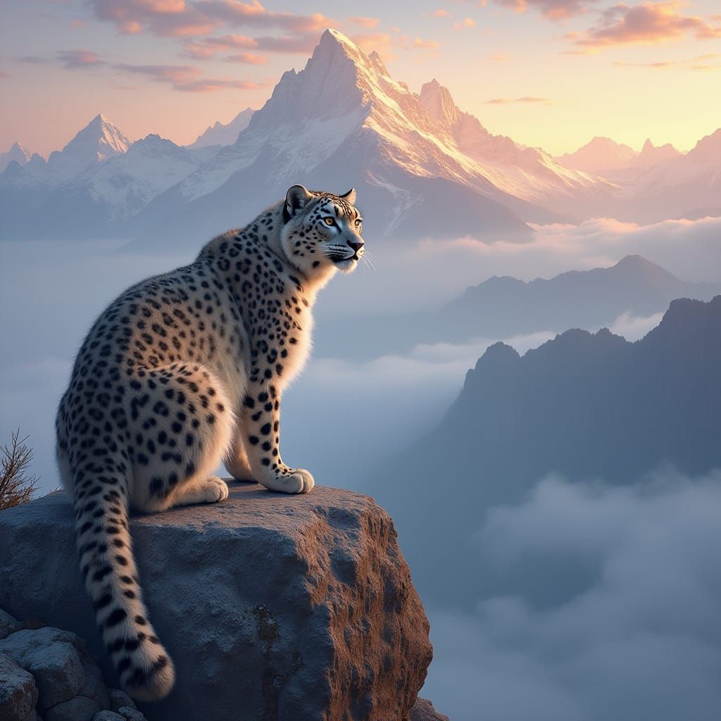 Snow Leopard at Sunrise, Classical Landscape Art