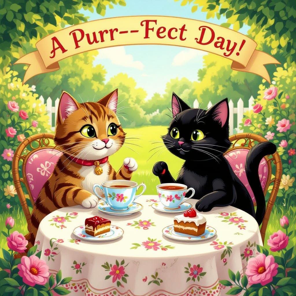 Whimsical Tabby Cat and Black Cat Tea Party