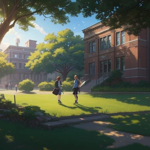 Anime School Campus Scene with Friends in Golden Hour