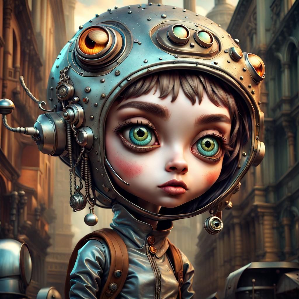 Whimsical Steampunk Alien Girl with Mixed Media Elements