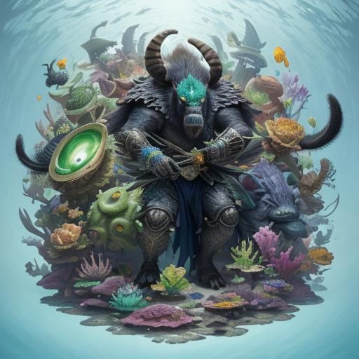 Tarantula Rider on Aardvark in Fantastical Undersea Garden