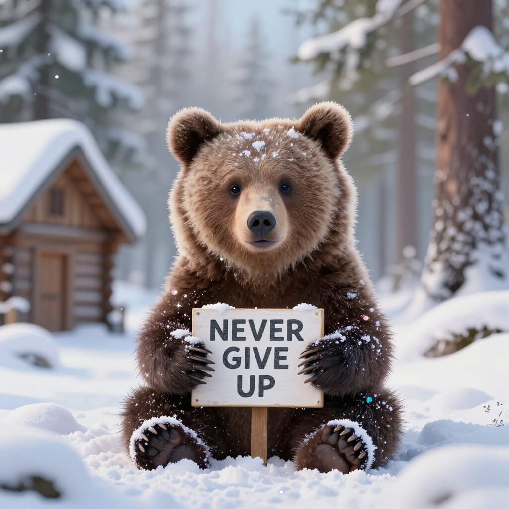 Adorable Bear Cub Encourages 'Never Give Up' in Snowy Forest