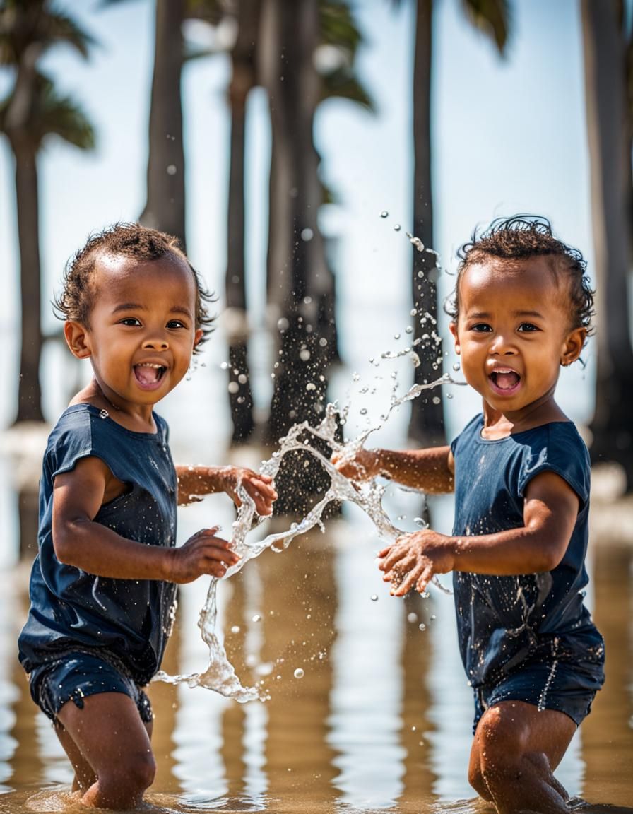 Twin Toddlers Play at the Beach