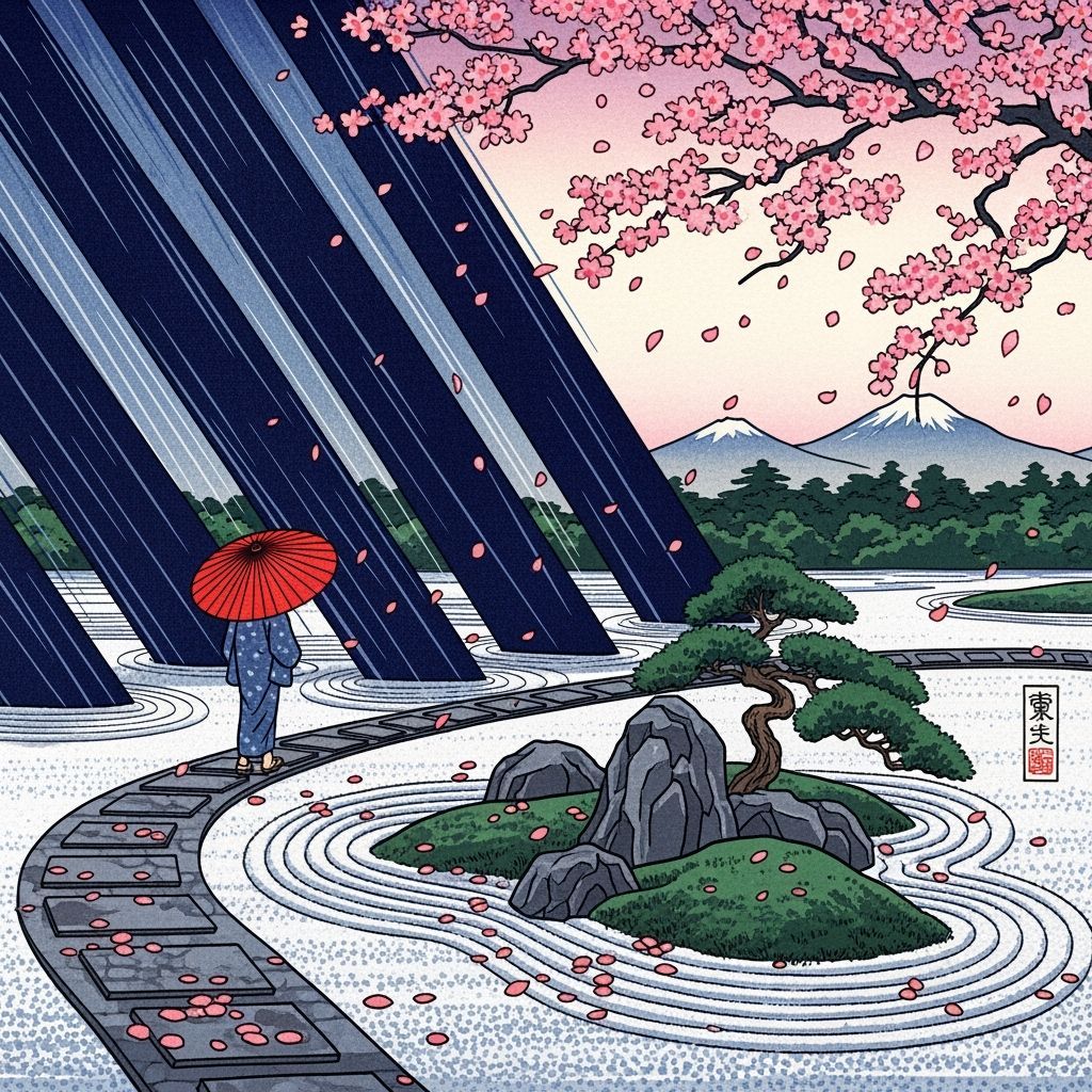 Zen Garden in Ukiyo-e Style with Figure and Umbrella