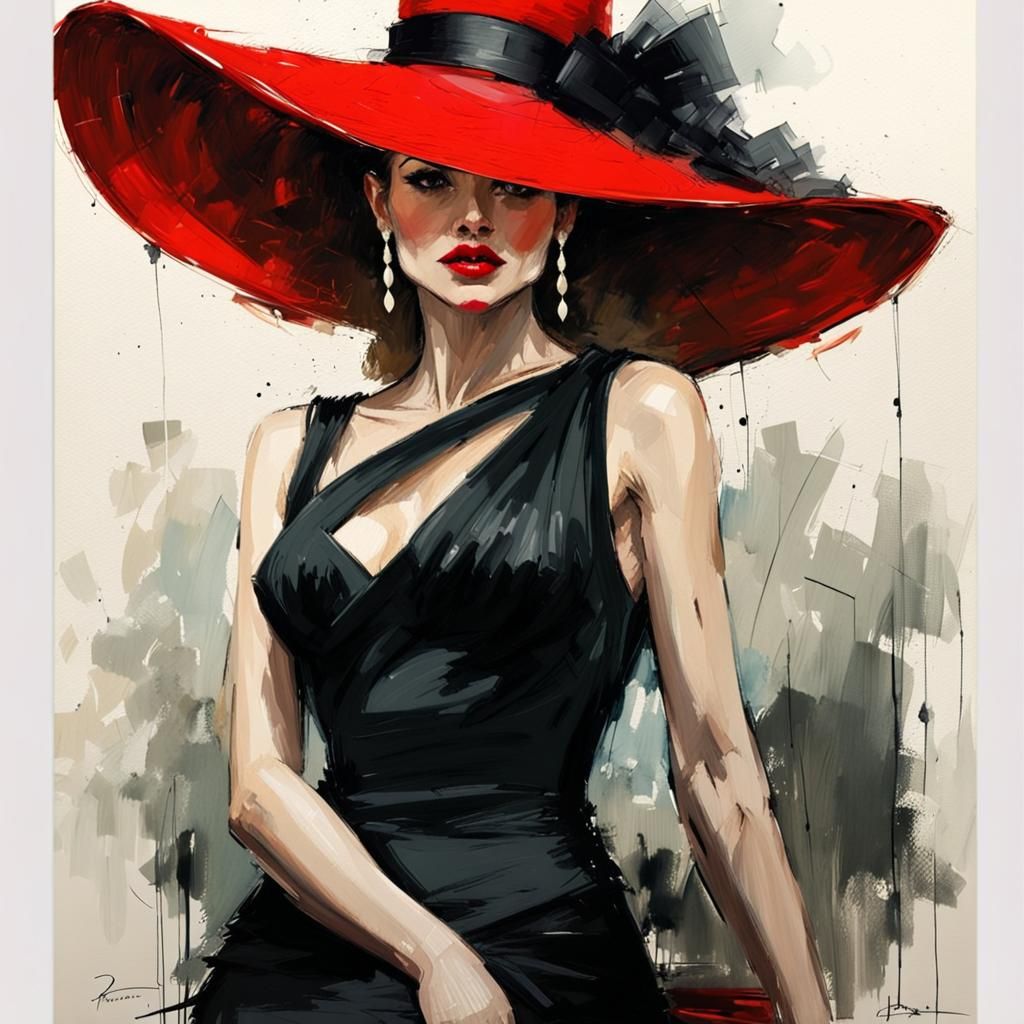 Elegant Woman in Red Hat, Urban Impressionism Style