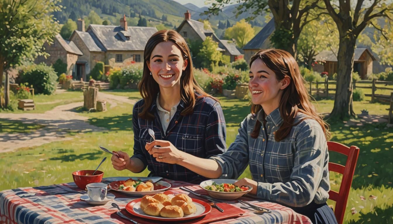 Impressionist Girl at Village Table in Sunlight