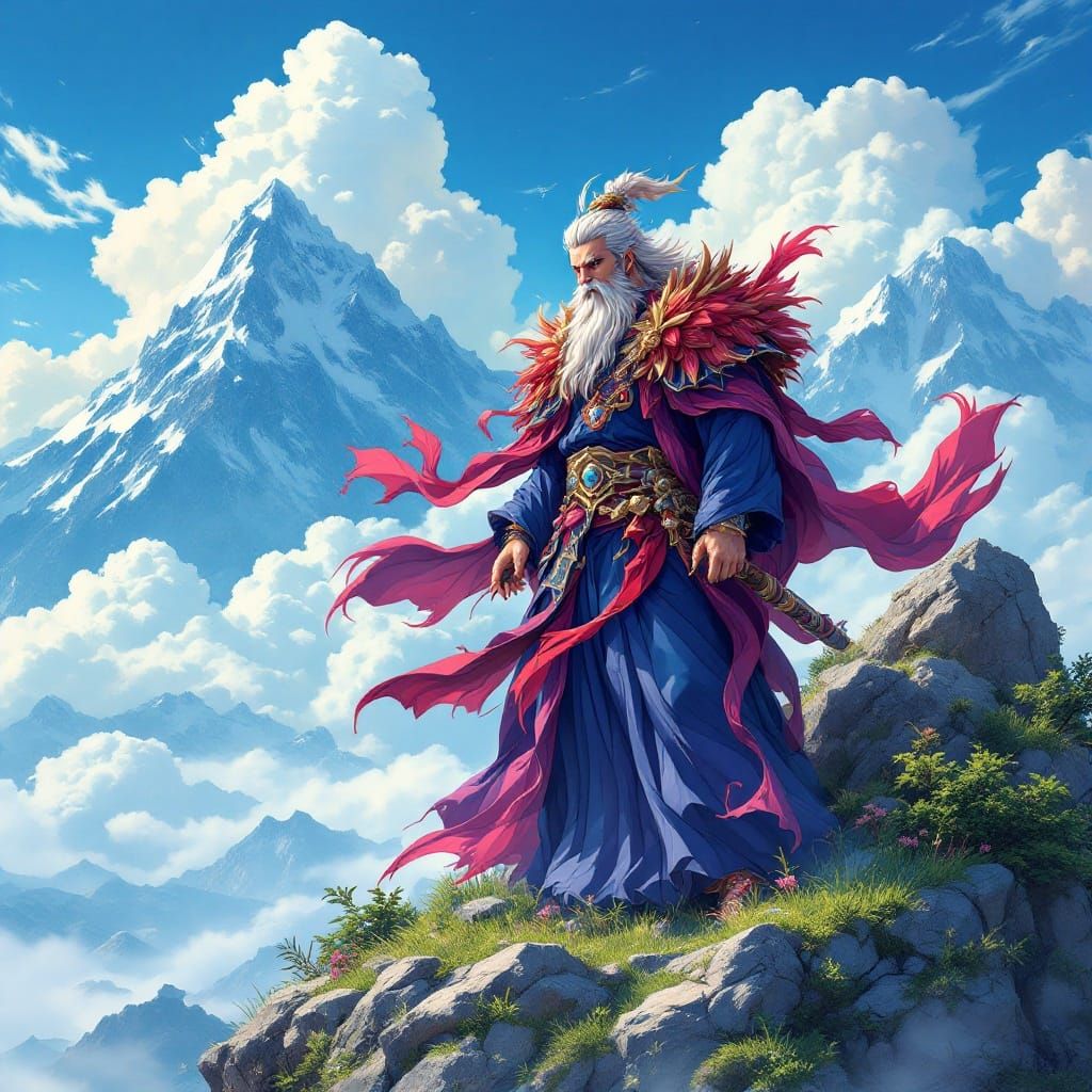 Anime Male Wizard on Mountain Peak in Vibrant Colors