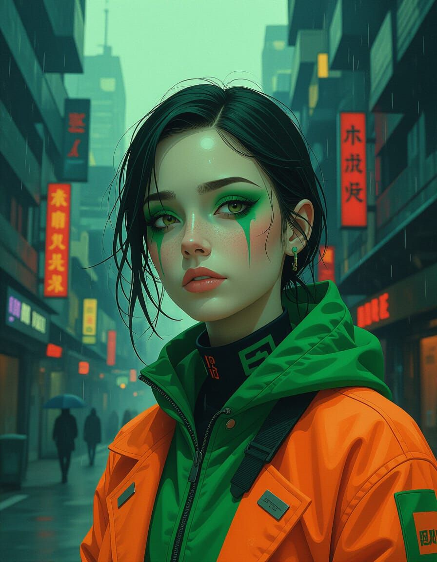 Green and Orange Cyberpunk Cityscape Portrait