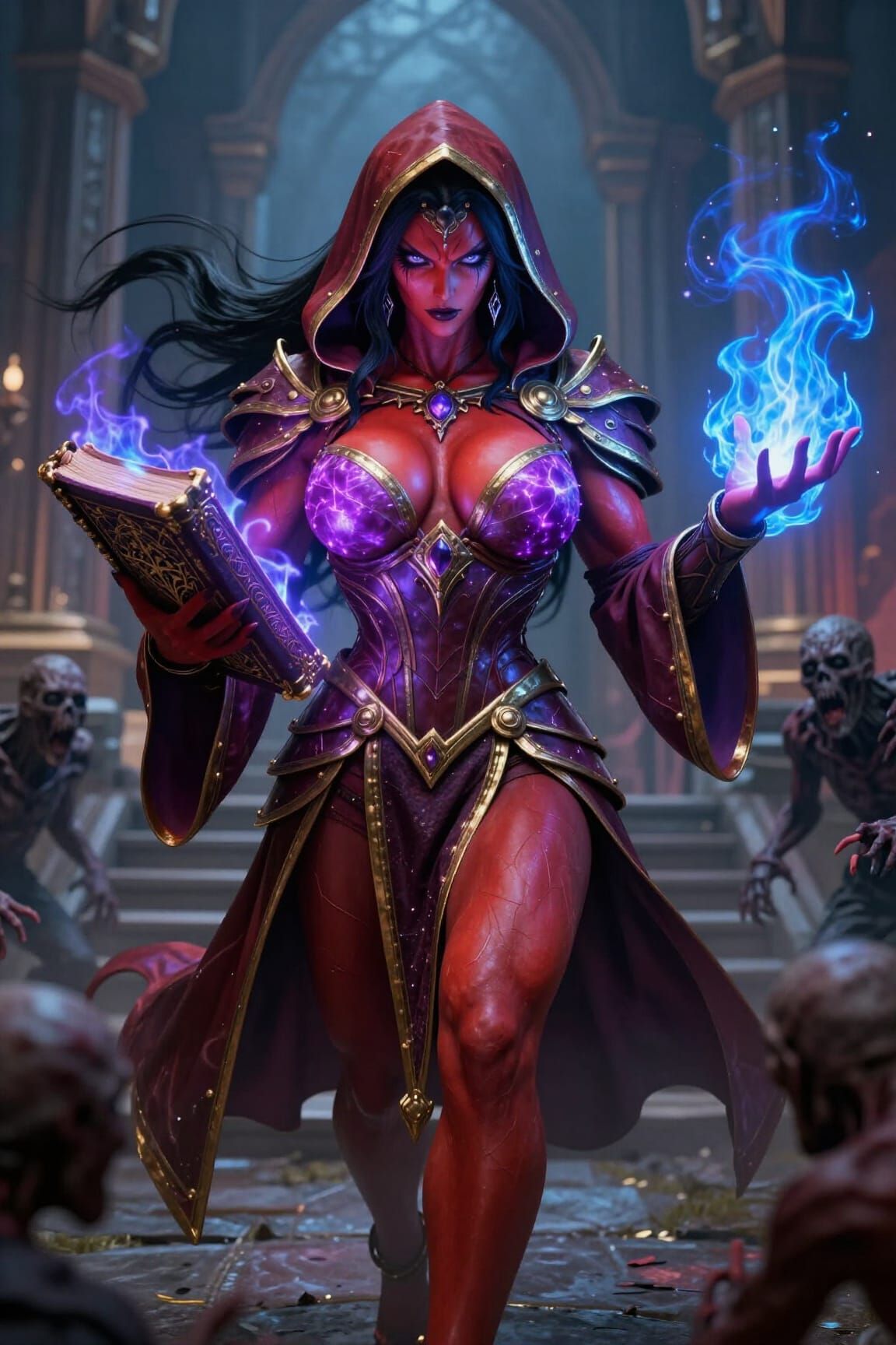 Muscular Succubus Warrior Casting Blue Fire Magic