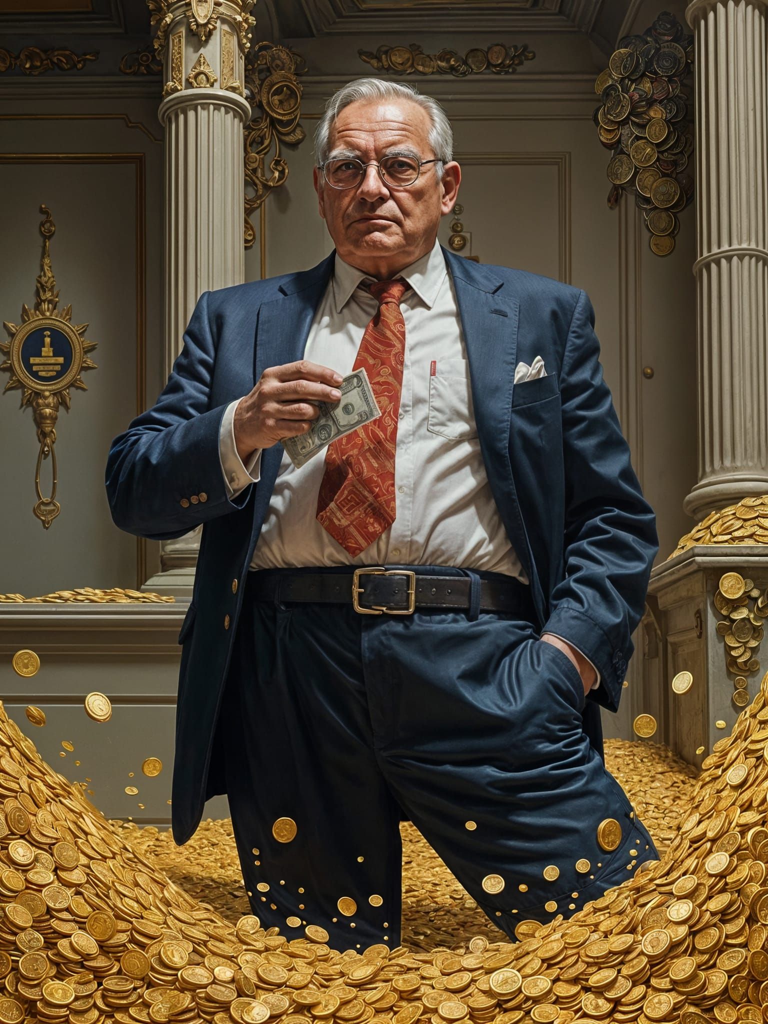 Gouache Painting: Man Stealing Money Amidst Coins