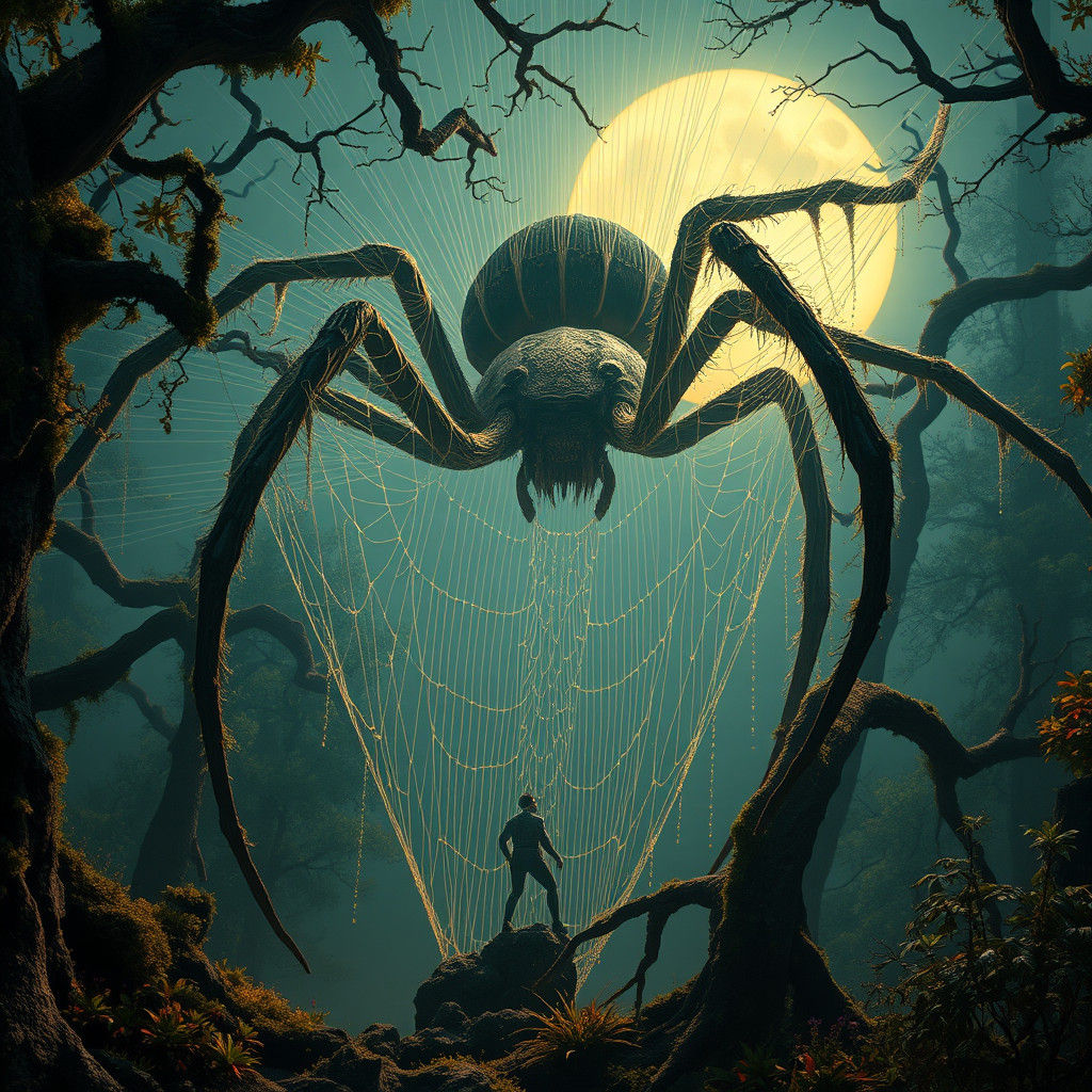 Eerie Spider Web in Moonlit Forest