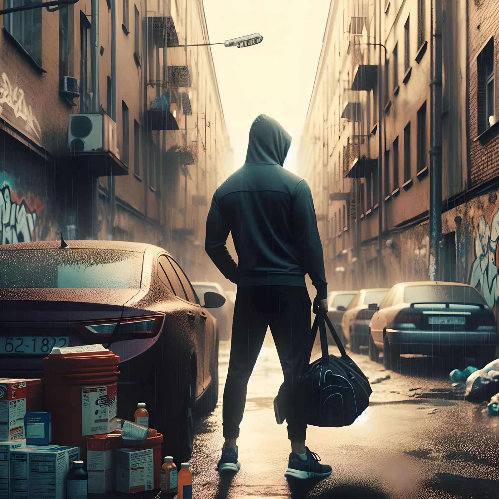 Urban Street Scene with Man in Hoodie, Cinematic Style