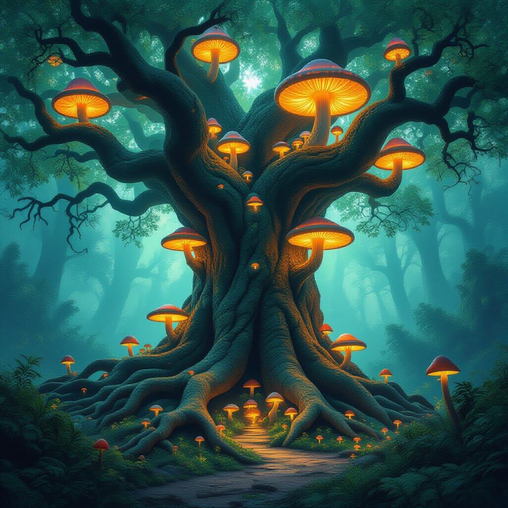 Ancient Tree Archways in Mystical Forest, Digital Painting