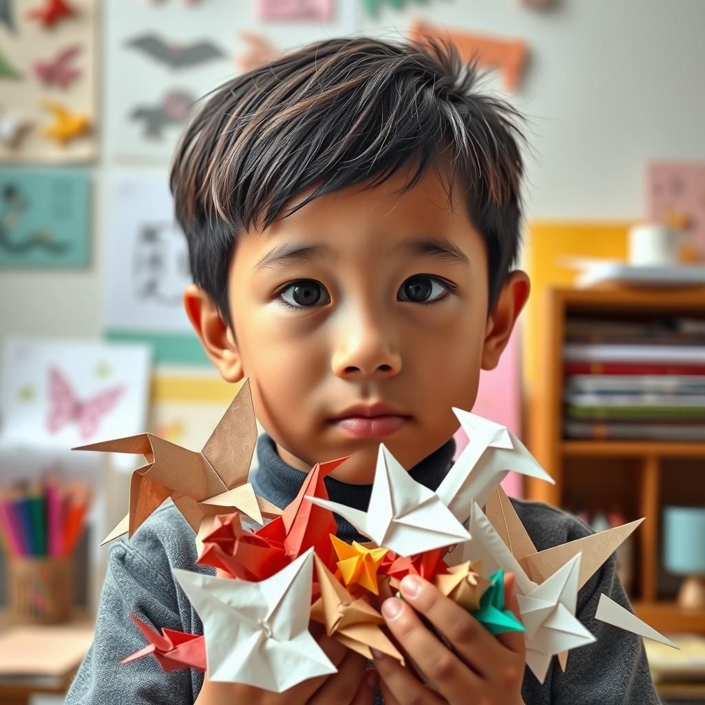 Boy with Origami Papercraft in Soft Focus