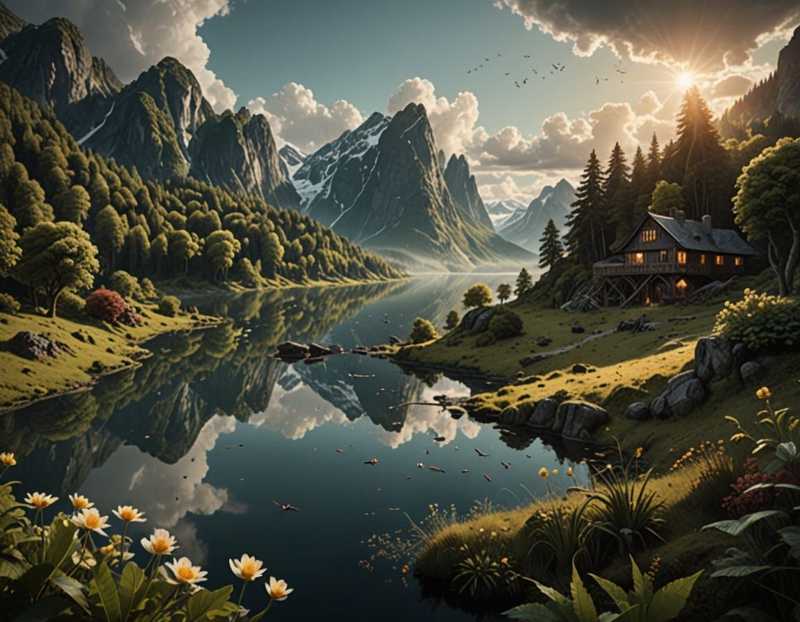 Eine atemberaubene Landschaft mit einem großen See. Wilde Tiere stillen ihren Durst am See. Im Hintergrund ist ein Wald ...