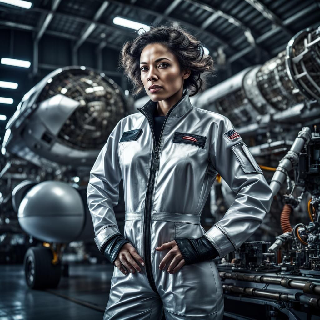 Futuristic Woman Mechanic in Starship Hangar