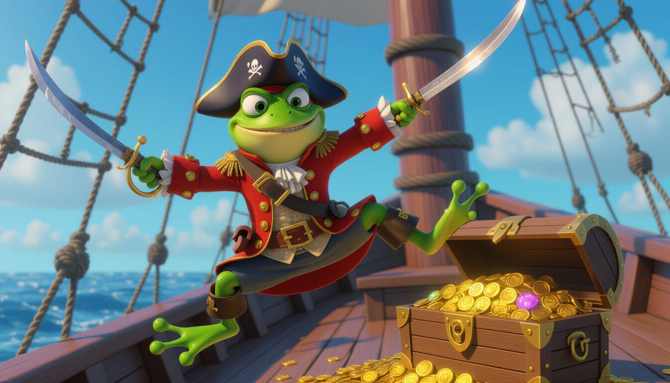 Tree Frog Pirate Captain Leaping for Treasure, Pixar Style