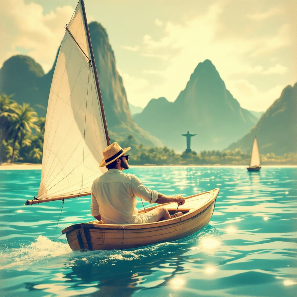 Retro Illustration of Solo Sailor in Tropical Paradise