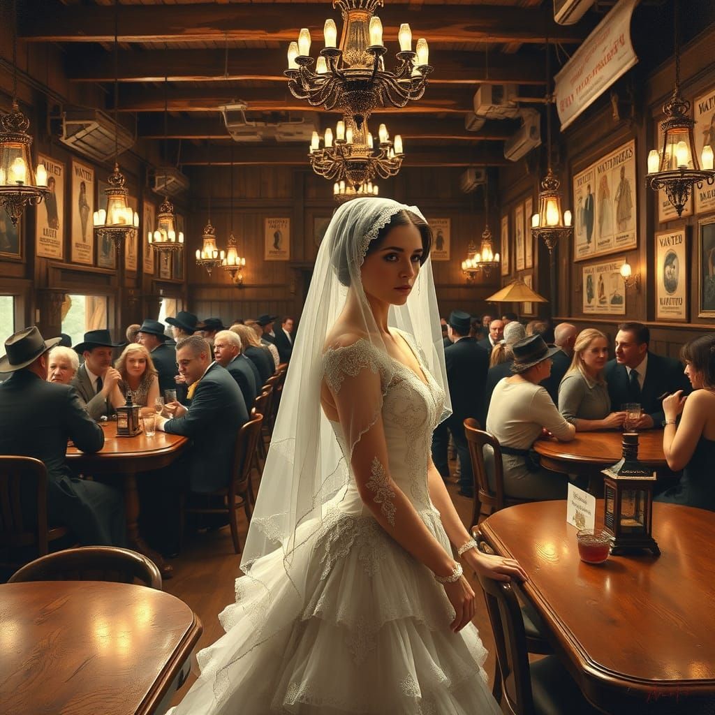 Victorian Bride Celebrates in Western Saloon as Painting