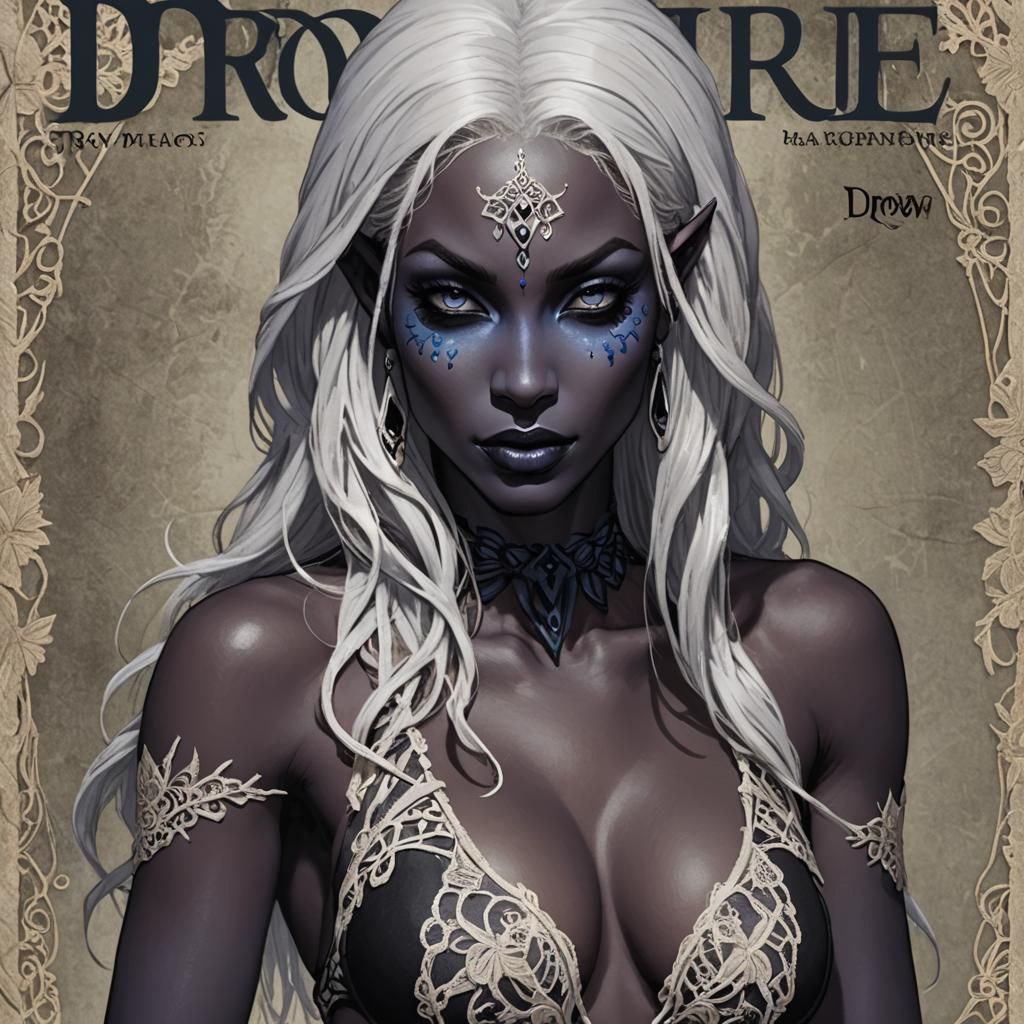 Drow Female on Magazine Cover in Dark Fantasy Style