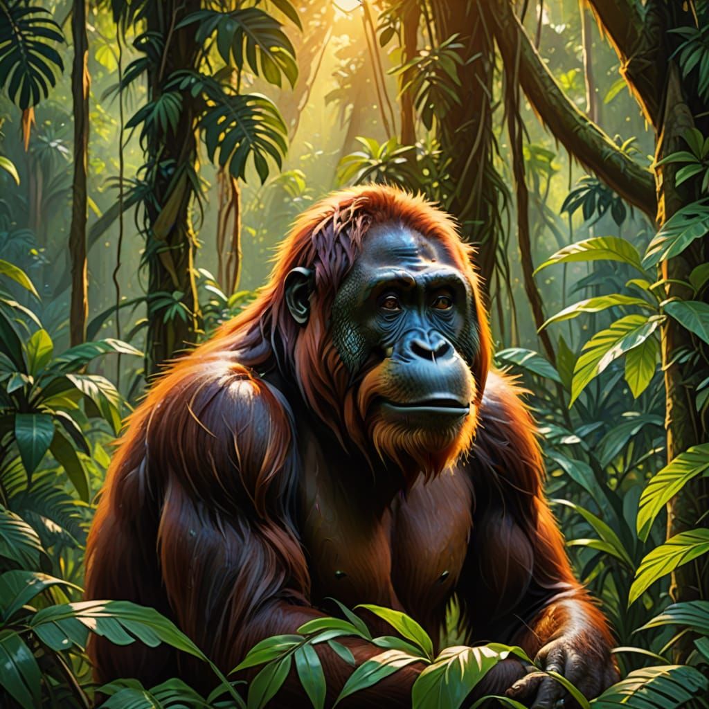 Orangutan in Jungle: Vibrant Oil Painting