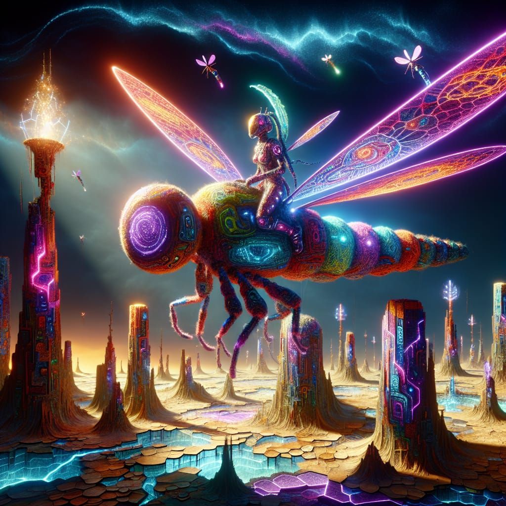 Radiant Warrior Princess Soars on Mechanical Dragonfly in Vi...