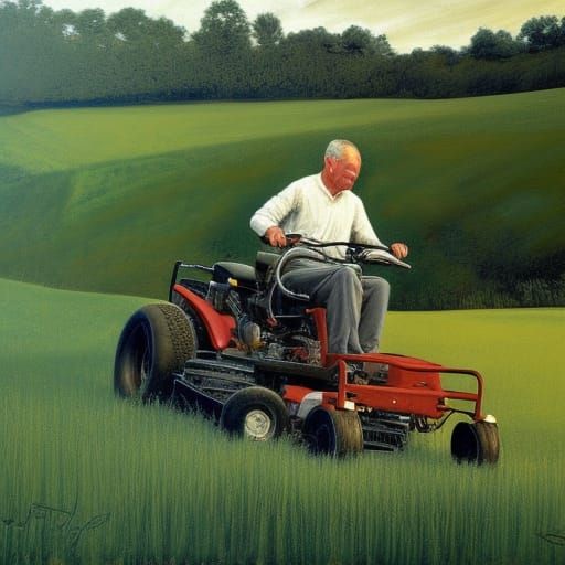Mowing the Lawn: An American Realism Oil Painting
