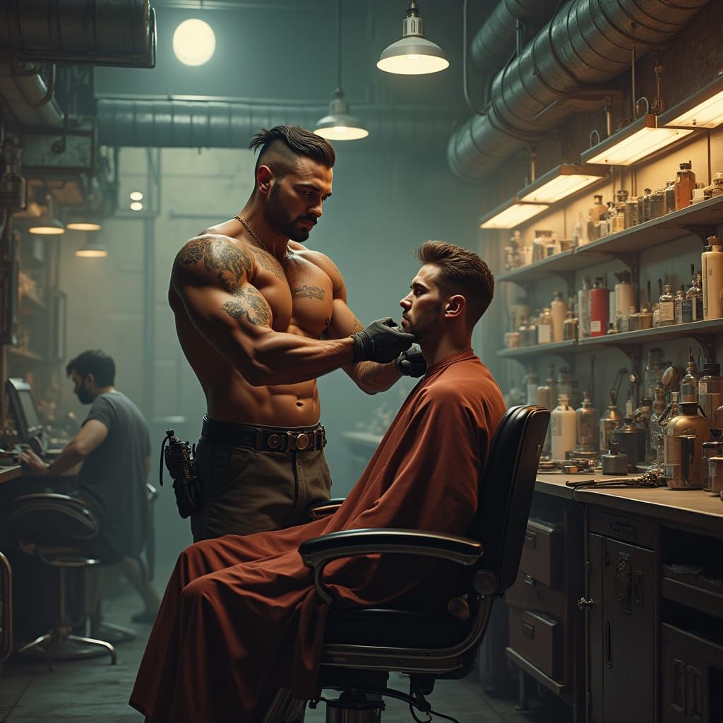 Tactical Bodybuilder Barber in Retro-Futuristic Cyberpunk Sh...