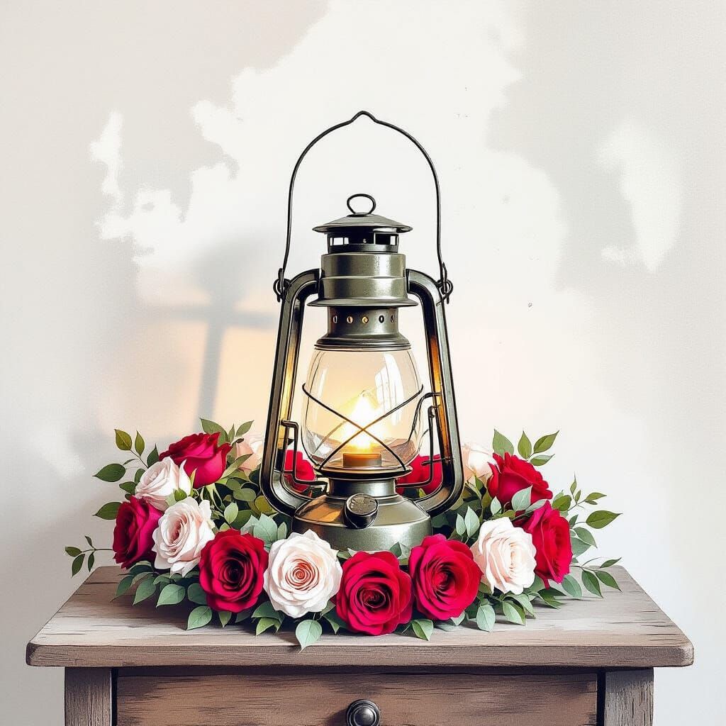 Vintage Lantern with Roses, Ethereal Watercolour Style