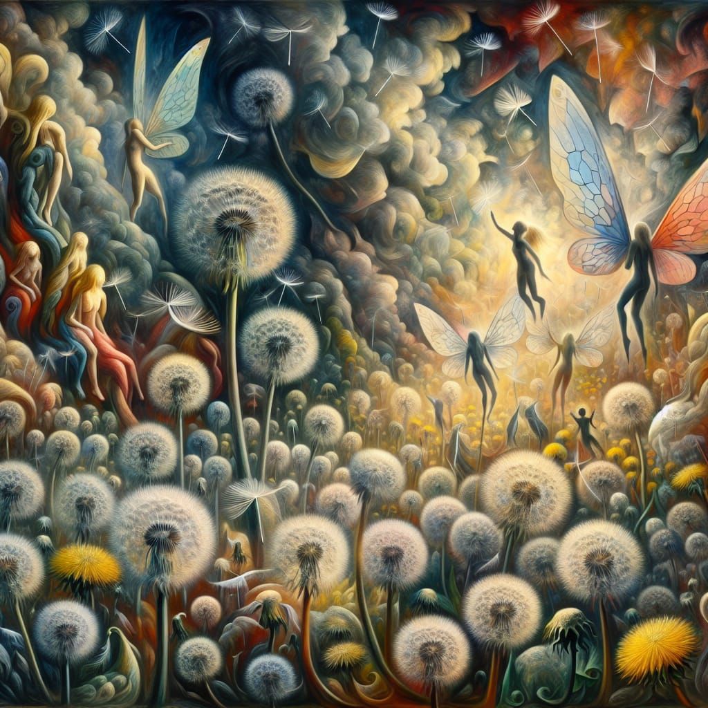 Winged Fairies Making Wishes in Surreal Dandelion Dreamscape