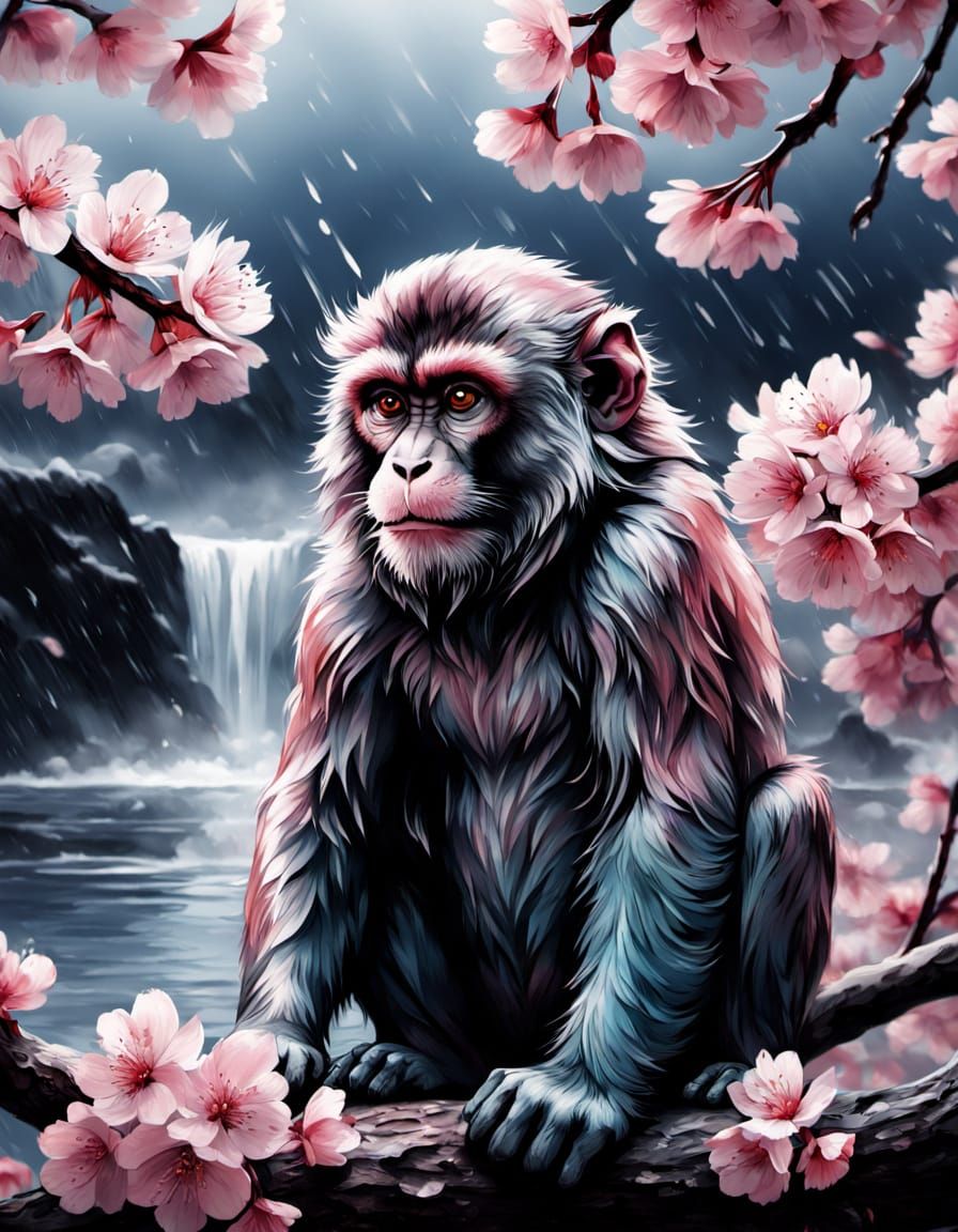 Traditional Japanese Woodblock Print of a Monkey in Cherry B...