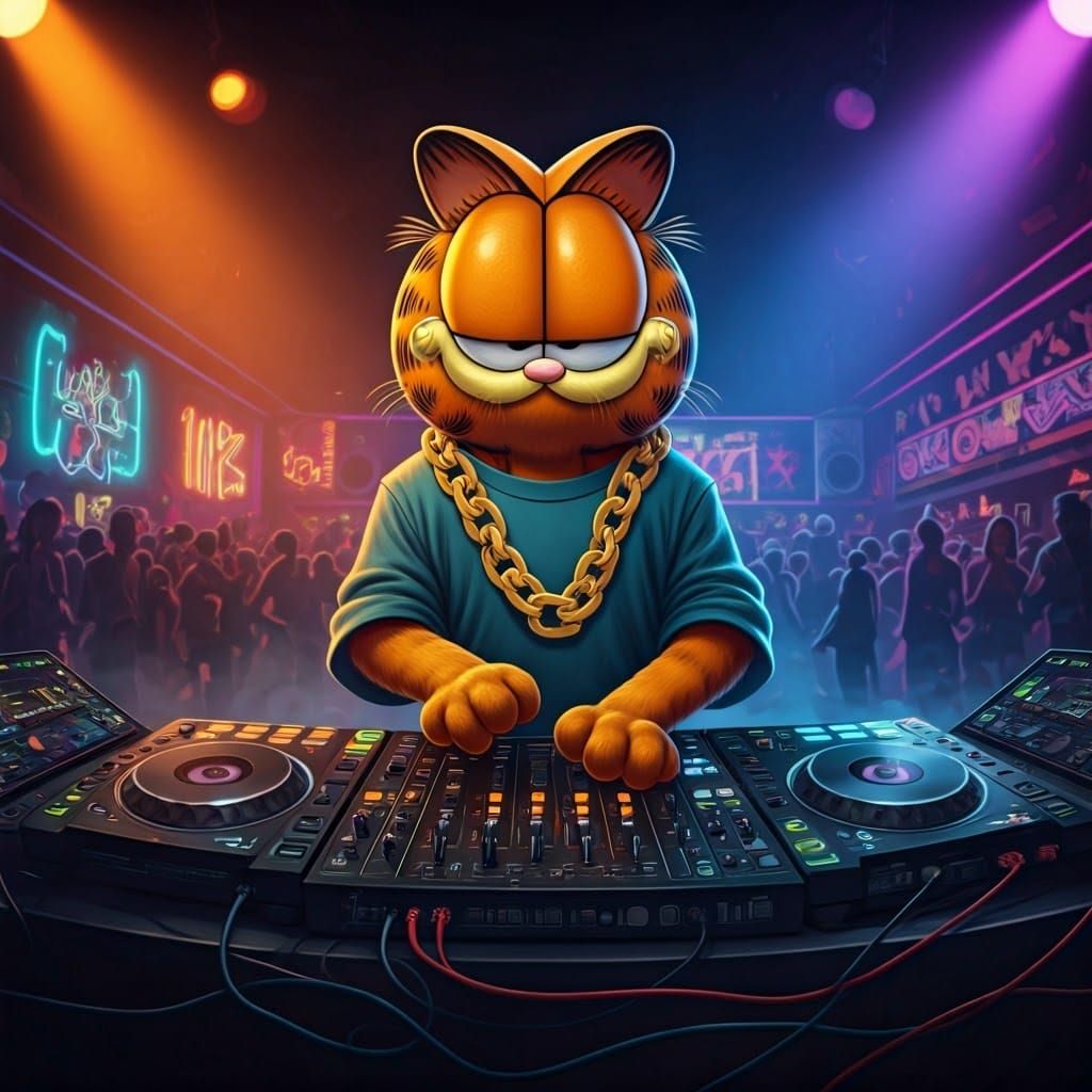 Cool Cat Garfield DJ in Basquiat-Inspired Club