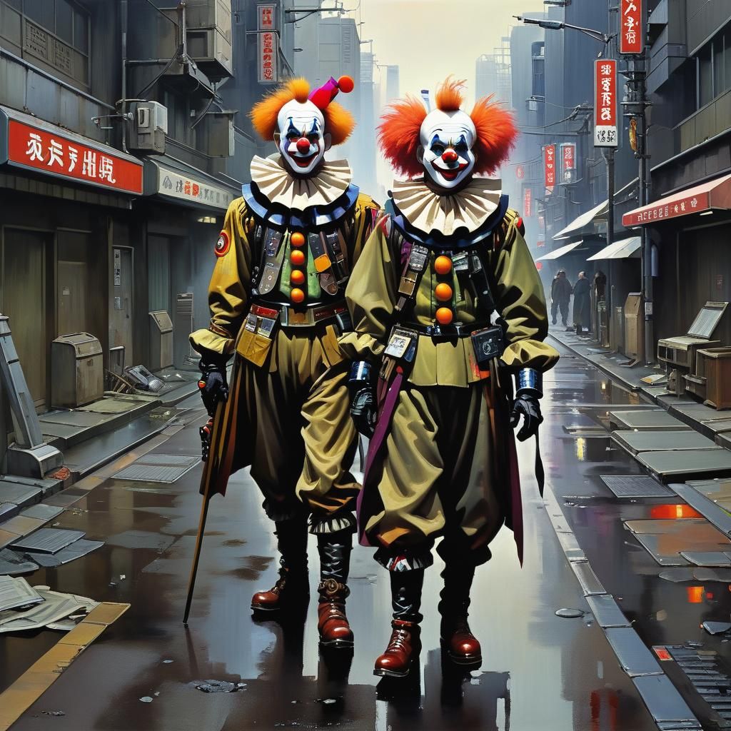 Cyborg Clown Patrols Post-Apocalyptic Tokyo Street