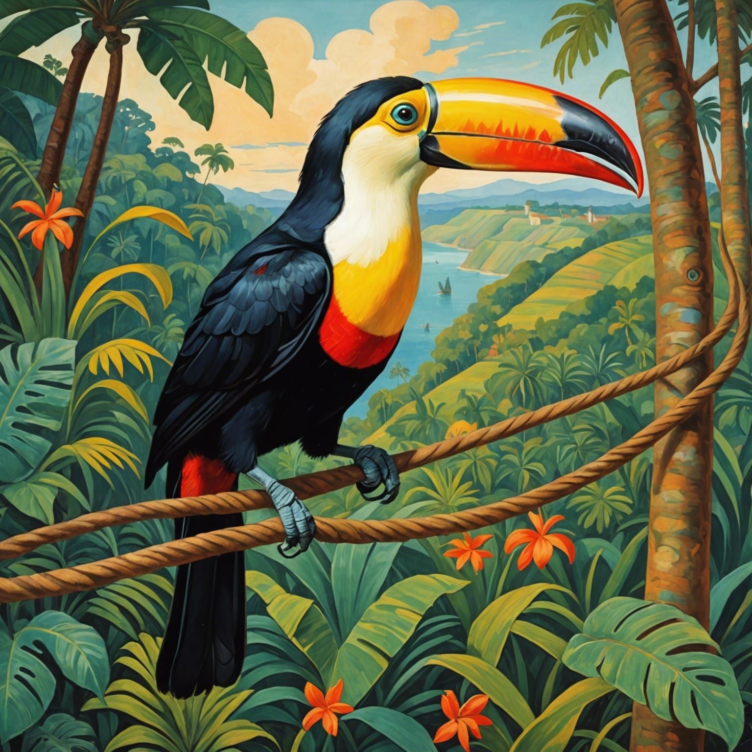 Toucan with Lasso in Post-Impressionist Style