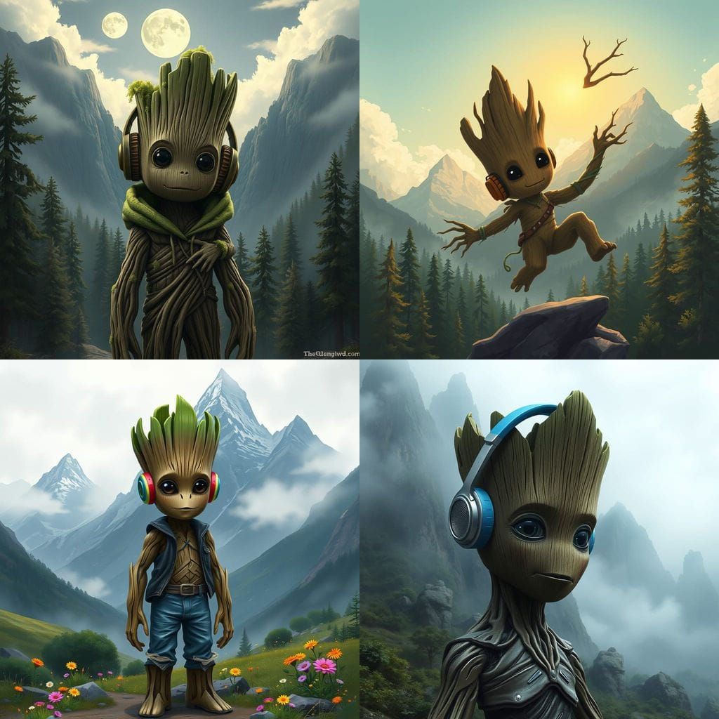 Groot in Serene Mountain Landscape