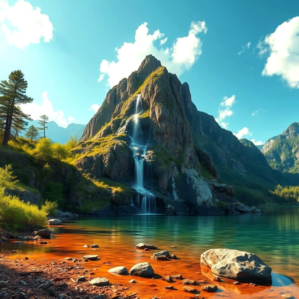 Surreal Coral Waterfall Amidst Vibrant Morning Landscape