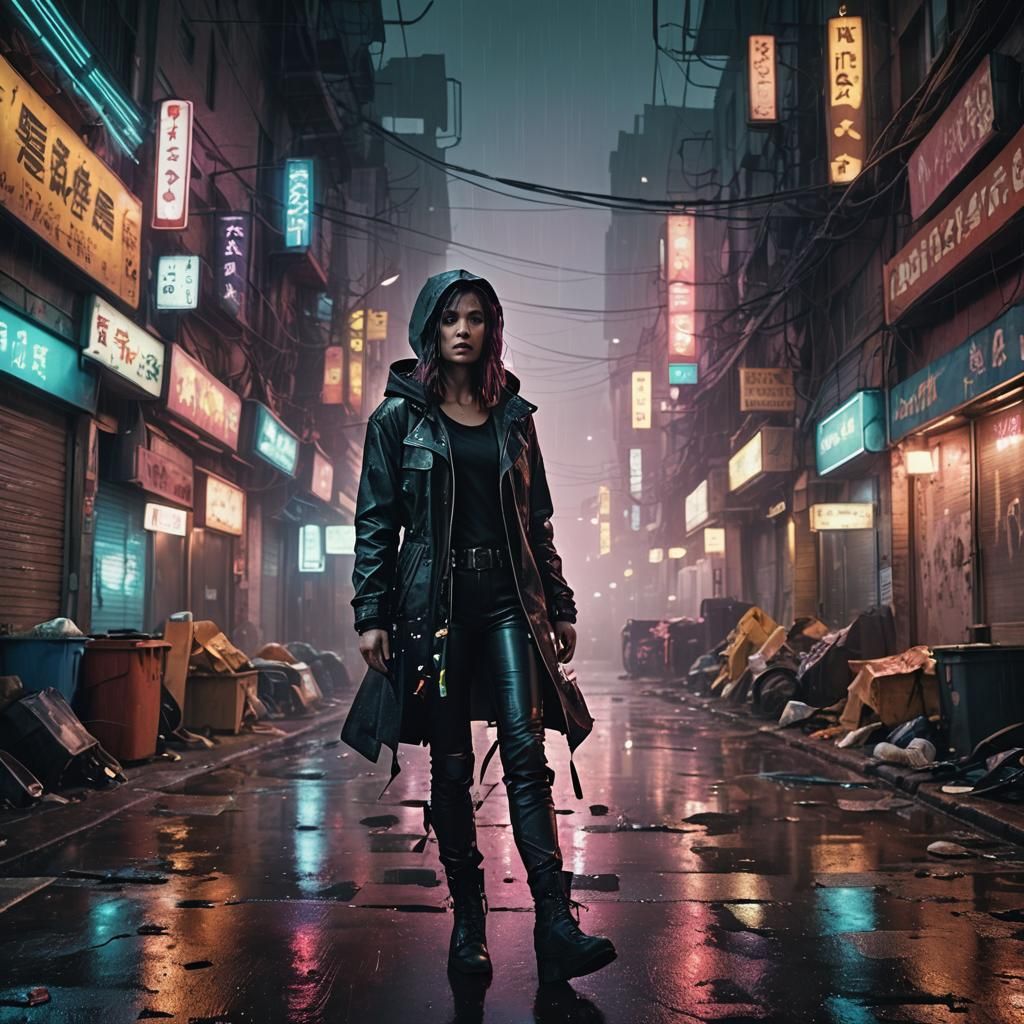 Grungy Futurism: Woman in Rainy Neon Street