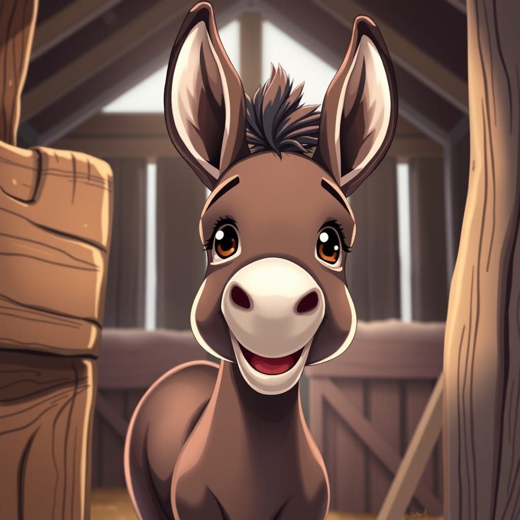 Cute Donkey Girl Smiles in Anime-Inspired Barn Scene